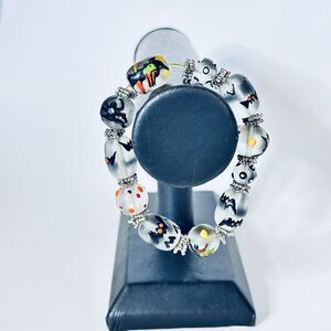 Spooky Halloween Glass Beaded Hand Painted Stretch Bracelet Witch Cat Bats